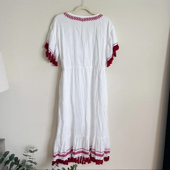 Club Monaco White Red Embroidered Tassel Dress MIDI - Picture 3 of 8